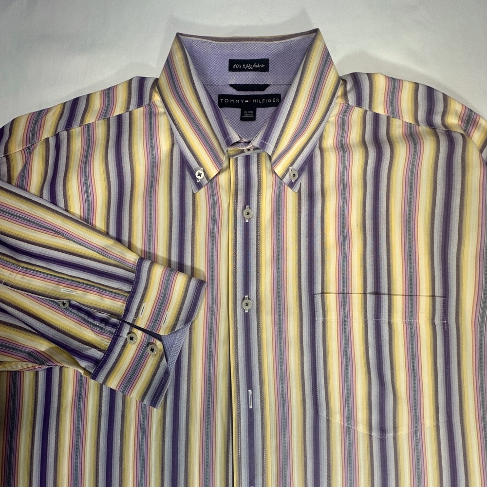 Tommy Hilfiger‎ Mens Button Down Shirt 80's 2Ply Fabric Striped Dress XLarge
